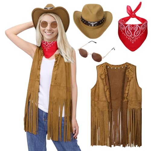 Antsparty Cowgirl Kostüm Set, Cowboy Kostüm Set Enthält Westen Mütze Schal Cosplay Kostümzubehör Partyhut Partyhalstuch Accessoires für Karneval Fasching JGA Urlaub Herren Damen (Denim-Farbe, XL) von Antsparty