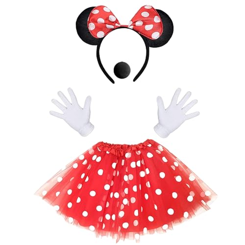 Antsparty Damen Maus Mouse Kostüm, Rote Tutu mit weiß Gepunktet + Maus Ohren Haarreifen + Handschuhe + Nase, Mädchen Maus Kostüm für Fasching Karneval Cosplay Party von Antsparty