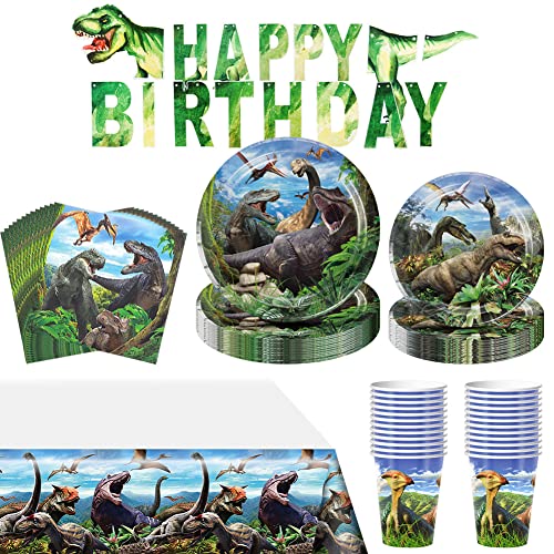 Antsparty Dinosaurier Partygeschirr für 20 Gäste, Dino Geburtstag Set, Dino Pappteller Becher Servietten Tischdecke Banner, Dino Thema Party Supplies Kindergeburtstag Party Dekoration von Antsparty