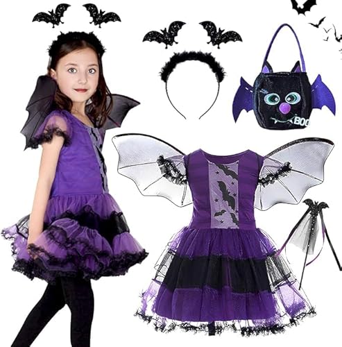 Antsparty Fledermaus Kostüm Mädchen Karneval Kostüm mit Flügel Stirnband und Handtasche, Hexe Kostüm Karnevals Cosplay Kostüm Kinder von Antsparty