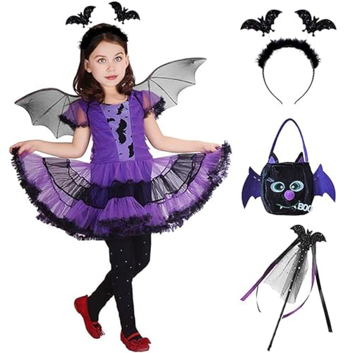 Antsparty Mädchen Fledermaus Kostüm Kinder Halloween Fledermaus Kostüm mit Kleid Flügel Stirnband und Handtasche, Mädchen Hexe Cosplay Kostüm für Halloween Karneval Party von Antsparty