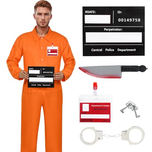 Antsparty Gefangener Kostüm Herren Halloween Kostüm Häftling Set mit Gefangener Overall Handschellen Namensschilder, Halloween Orange Sträfling Kostüm Cosplay von Antsparty