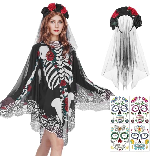 Antsparty Geisterbraut Kostüm Damen Halloween Zombie Braut Kostüm mit Rose Schleier Aufkleber, Damen Geisterbraut Accessoires Friedhofsbraut Kostüm für Halloween Cosplay von Antsparty