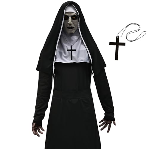 Antsparty Halloween Horror Nonne Kostüm Scary Nonne Outfit mit Nonne Horror Maske Kreuzkette, Halloween Horror Kostüm Nonne Geist Gespenst Masken für Herren und Damen von Antsparty