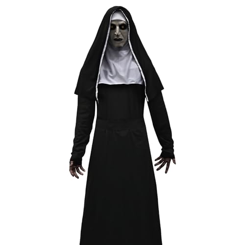 Antsparty Halloween Horror Nonne Kostüm Scary Nonne Outfit mit Nonne Horror Maske Kreuzkette, Halloween Horror Kostüm Nonne Geist Gespenst Masken für Herren und Damen von Antsparty