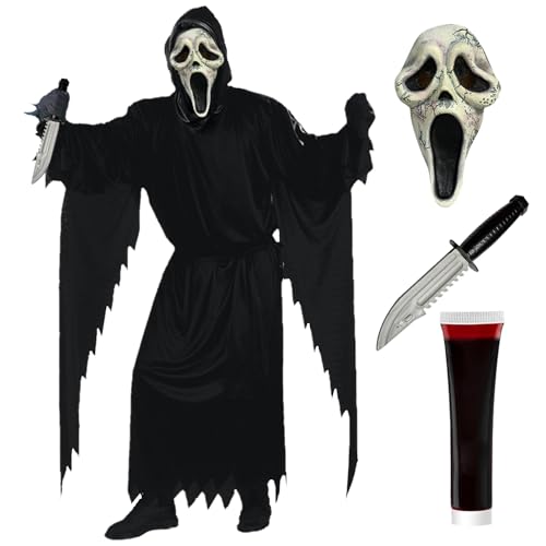 Antsparty Screaming Ghost Kostüm Kinder Erwachsene, Halloween Horror Geister Kostüm mit Ghost Face Maske Requisitenmesser, Gruselige Faschingskostüme für Halloween Karneval Cosplay von Antsparty