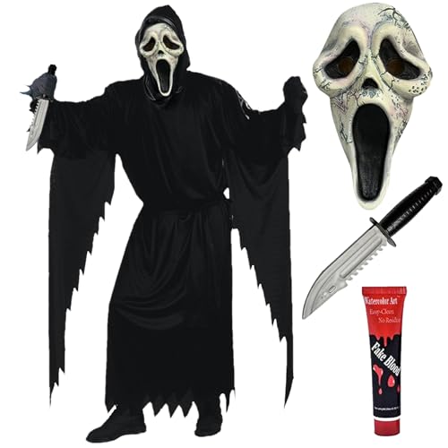 Antsparty Screaming Ghost Face Kostüm Kinder Erwachsene, Horror Halloween Kostüm Set mit Ghost Face Maske Requisitenmesser, Gruselige Halloween Scream Kostüm für Kinder Herren von Antsparty