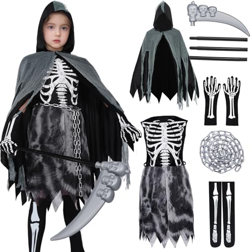 Antsparty Sensenmann Kostüm Mädchen Kinder Halloween Kostüm, Gruselig Sensenmann Skelett Kostüm mit Umhang Skelett Kleid Sense Kette Lange Socken, Damen Mädchen Skelett Kostüm von Antsparty