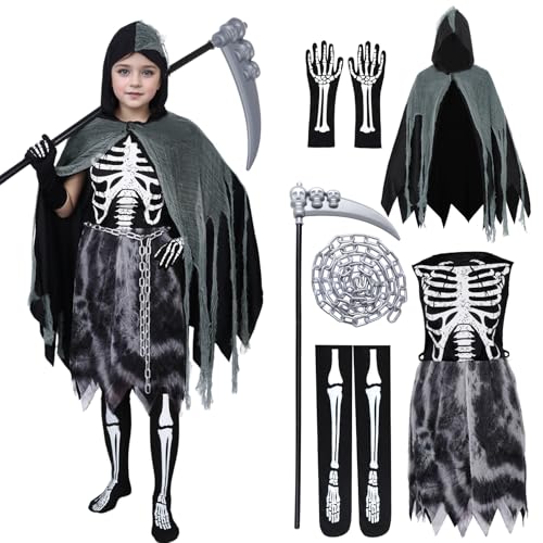 Antsparty Sensenmann Kostüm Kinder Mädchen, Damen Halloween Kostüm mit Skelett Kleid Sense Kette, Reaper Kostüm Cosplay Halloween Party Outfit von Antsparty