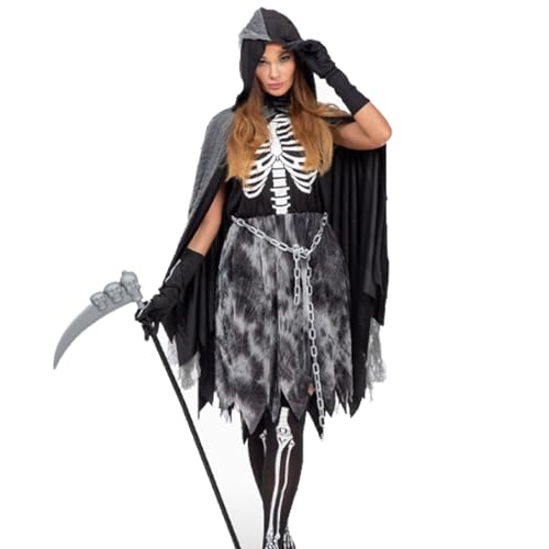 Antsparty Sensenmann Mädchen Kostüm, Damen Halloween Sensenmann Kostüm mit Skelett Kleid Sense Kette, Sensenmann Halloween Fasching Party Cosplay Outfits für Mädchen Damen von Antsparty