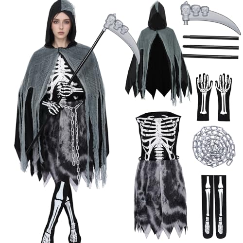 Antsparty Sensenmann Mädchen Kostüm, Damen Halloween Sensenmann Kostüm mit Skelett Kleid Sense Kette, Sensenmann Halloween Fasching Party Cosplay Outfits für Mädchen Damen von Antsparty