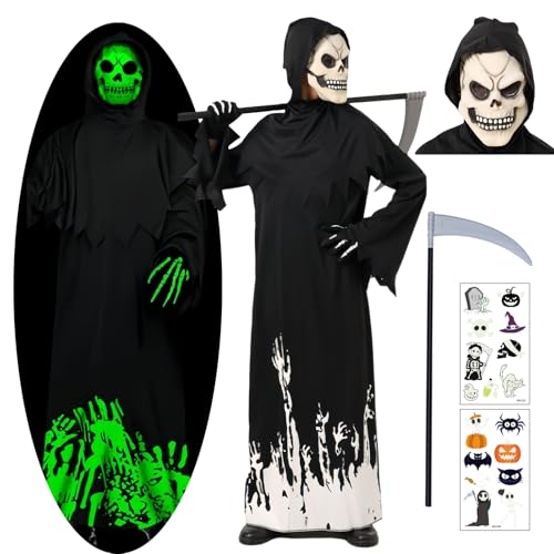 Antsparty Halloween Sensenmann Kostüm Kinder Glow in The Dark Skelettkostüm Set mit Sense Maske, Jungen Kinder Sensenmann Kostüm für Halloween Karneval Cosplay von Antsparty