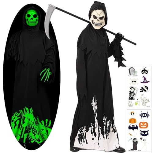 Antsparty Halloween Sensenmann Kostüm Kinder Glow in The Dark Skelettkostüm Set mit Sense Maske, Jungen Kinder Sensenmann Kostüm für Halloween Karneval Cosplay von Antsparty