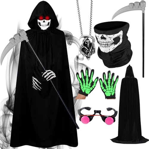 Antsparty Sensenmann Kostüm Kinder Halloween Kostüm Jungen Herren, Halloween Sensenmann Kostüm mit Teufel Umhang Sense Leuchtende Brille Maske, Sensenmann Umhang für Halloween Cosplay von Antsparty