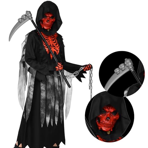 Antsparty Sensenmann Kostüm Kinder Halloween Grim Reaper Kostüm Set with Masken, Handschuhe, Sichel, Halloween Sensenmann Kostüme für Jungen, Mädchen von Antsparty