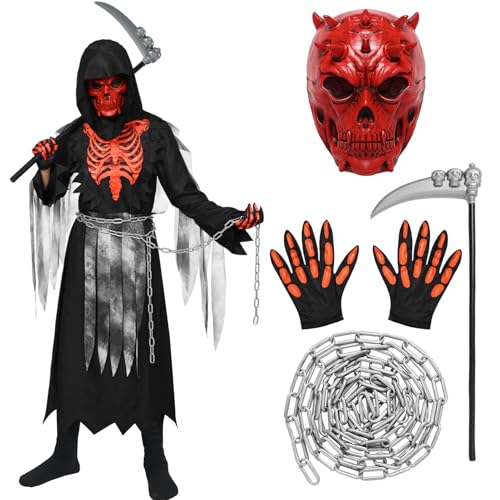 Antsparty Sensenmann Kostüm Kinder Halloween Grim Reaper Kostüm Set with Masken, Handschuhe, Sichel, Halloween Sensenmann Kostüme für Jungen, Mädchen von Antsparty