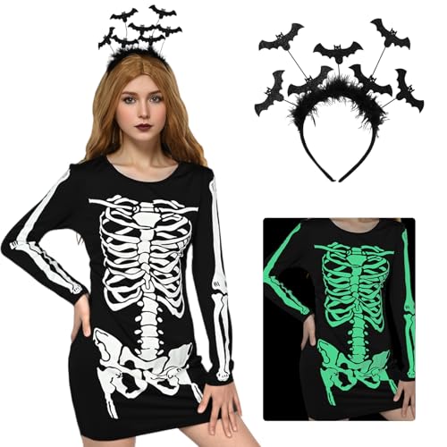 Antsparty Skelett Kostüm Damen Halloween Kostüm, Leuchtet im Dunkeln Skeleton Costume mit Haarband, Damen Gruselig Halloween Kostüm Skelett Jumpsuit Für Halloween Karneval Fasching Party von Antsparty