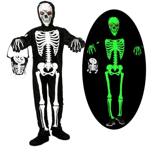 Antsparty Skelett Kostüm Kinder Jungen Zombie Kostüm Leuchtet im Dunkeln Halloween Skelett Outfit, Scary Halloween Skelett Junge Kostüm mit Handtasche für Halloween Cosplay von Antsparty