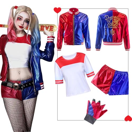 Antsparty Harley Kostüme für Kinder Damen, Mädchen Suicide Kostüm mit Jacke T-shirt Shorts Handschuhe, Halloween Karneval Cosplay Kostüme Damen Kinder von Antsparty