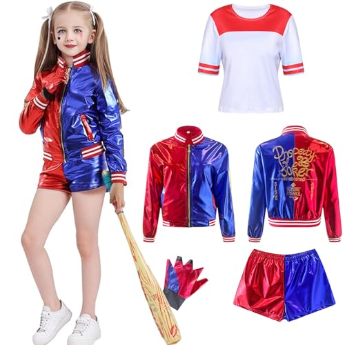 Antsparty Harley Kostüme für Kinder Damen, Mädchen Suicide Kostüm mit Jacke T-shirt Shorts Handschuhe, Halloween Karneval Cosplay Kostüme Damen Kinder von Antsparty