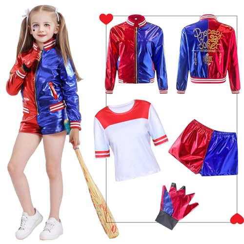 Antsparty Harley Kostüme für Kinder Damen, Mädchen Suicide Kostüm mit Jacke T-shirt Shorts Handschuhe, Halloween Karneval Cosplay Kostüme Damen Kinder von Antsparty