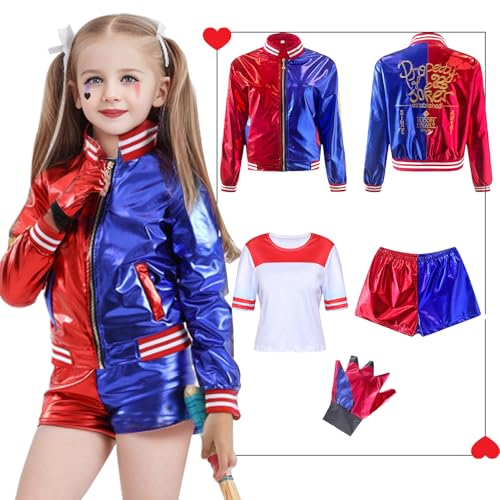 Antsparty Harley Kostüme für Kinder Damen, Mädchen Suicide Kostüm mit Jacke T-shirt Shorts Handschuhe, Halloween Karneval Cosplay Kostüme Damen Kinder von Antsparty