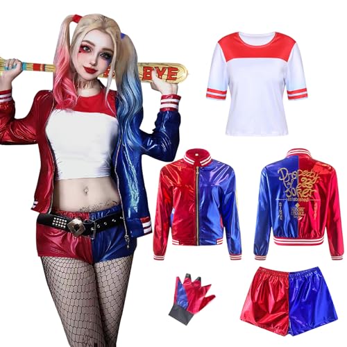 Antsparty Harley Kostüme für Kinder Damen, Mädchen Suicide Kostüm mit Jacke T-shirt Shorts Handschuhe, Halloween Karneval Cosplay Kostüme Damen Kinder von Antsparty