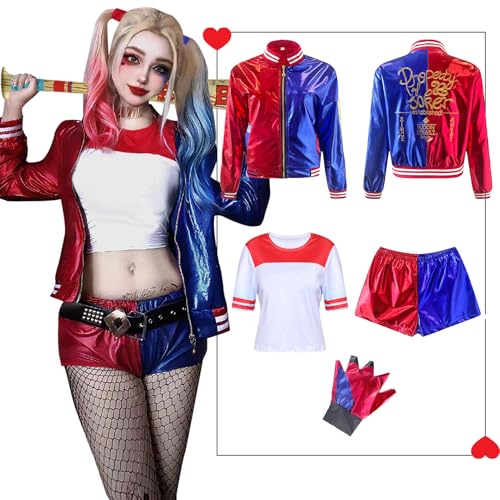 Antsparty Harley Kostüme für Kinder Damen, Mädchen Suicide Kostüm mit Jacke T-shirt Shorts Handschuhe, Halloween Karneval Cosplay Kostüme Damen Kinder von Antsparty