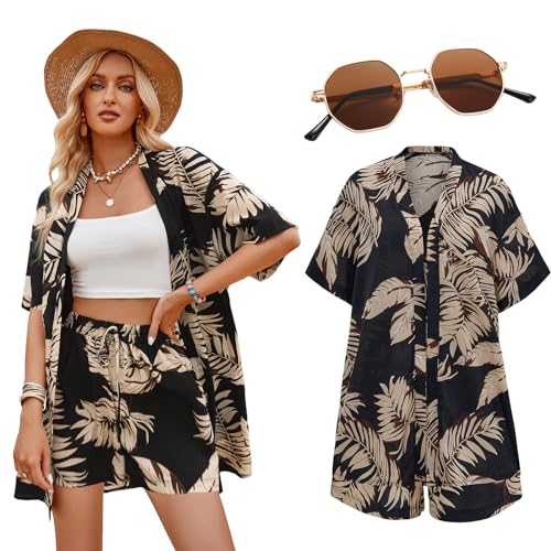 Antsparty Hawaii Hemd Damen, Sommer Kurzarm Shirt Shorts Set mit Sonnenbrille, Casual Hawaii Hemden Frauen für Urlaub Party von Antsparty