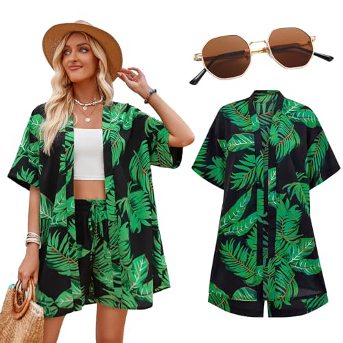 Antsparty Hawaii Hemd Damen, Sommer Kurzarm Shirt Shorts Set mit Sonnenbrille, Casual Hawaii Hemden Frauen für Urlaub Party von Antsparty