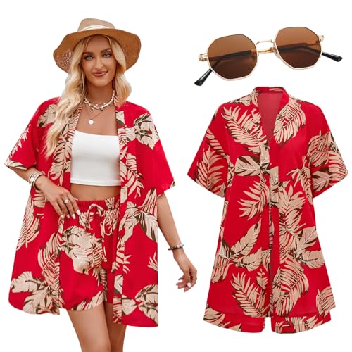 Antsparty Hawaii Hemd Damen, Sommer Kurzarm Shirt Shorts Set mit Sonnenbrille, Casual Hawaii Hemden Frauen für Urlaub Party von Antsparty