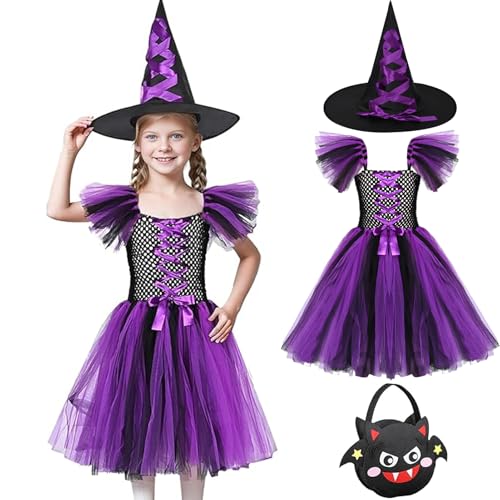 Antsparty Hexenkostüm Mädchen Halloween Kostüm, Kinder Hexe Kostüm mit Hexenkleid Hexehut Handtasche, Märchenhexe Mädchen Kostüm für Halloween Karneval Cosplay Fasching Party von Antsparty