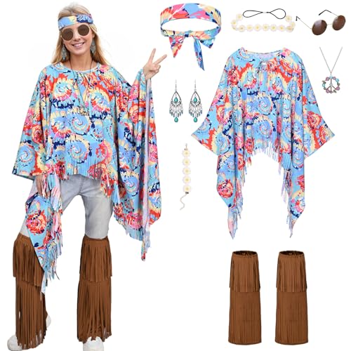 Antsparty Hippie Kostüm Damen, 8 Stück Hippie Poncho Set mit Halskette Ohrringe Stirnband, 60er 70er Jahre Hippie Kleidung Damen Faschingskostüme für Karneval Disco Party von Antsparty