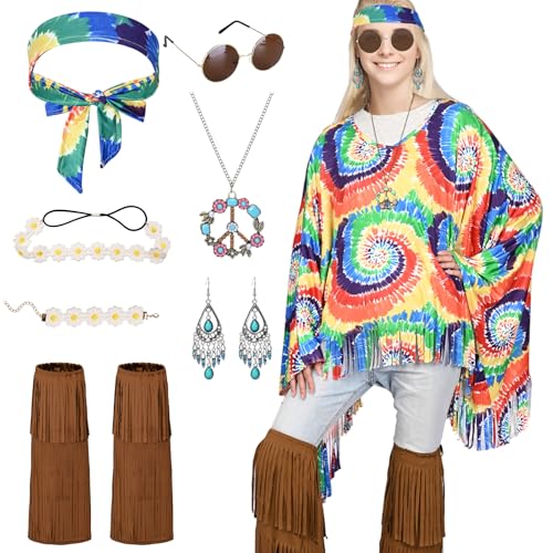 Antsparty Hippie Kostüm Damen, 8 Stück Hippie Poncho Set mit Halskette Ohrringe Stirnband, 60er 70er Jahre Hippie Kleidung Damen Faschingskostüme für Karneval Disco Party von Antsparty