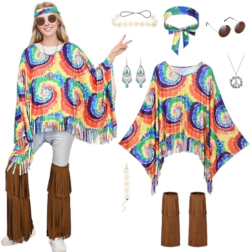 Antsparty Hippie Kostüm Damen Faschingskostüme Hippie, 70er Jahre Hippie Kleidung mit Hippie Poncho Halskette Ohrringe Stirnband, Kostüm Hippie Frau, Karneval Kostüm Damen von Antsparty