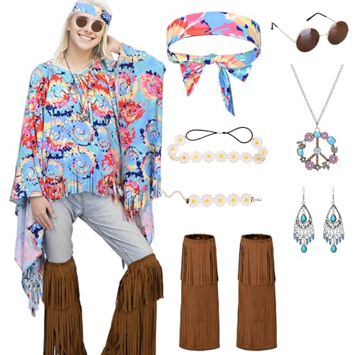 Antsparty Hippie Kostüm Damen, 8 Stück Hippie Poncho Set mit Halskette Ohrringe Stirnband, 60er 70er Jahre Hippie Kleidung Damen Faschingskostüme für Karneval Disco Party von Antsparty