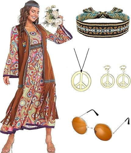 Antsparty Hippie-Kostüm Damen, 60er und 70er Jahre Kostüm für Damen, langes Hippie-Kleid Damen Fransen Weste Stirnband Friedenszeichen Zubehör Karneval 70er Jahre Disco Outfit von Antsparty