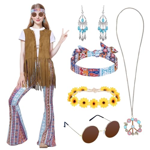 Antsparty Hippie Kostüm Damen Set,60er 70er Jahre Bekleidung Damen Mädchen Disco Outfit Braun Fransenweste Damen Hippie Bolero Karneval Faschingskostüme Disco (Denim, L) von Antsparty