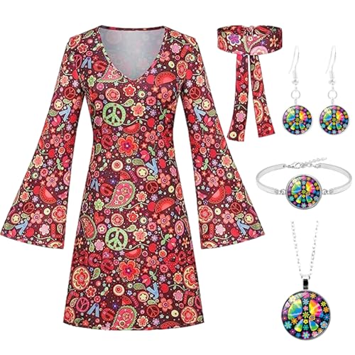 Antsparty Hippie Kostüm für Damen, 60er 70er Bekleidung Damen Hippie Kleid Frauen Mädchen Disco Kleider, Damen Retro Disco Outfit Faschingskostüm für Karneval Party von Antsparty