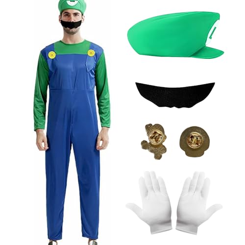 Antsparty Super Klempner Kostüm für Erwachsene, Bros Cosplay Kostüm mit Hut Bart Handschuhe, Herren Damen Klempner Kostüm Faschingskostüm für Karneval Halloween Cosplay von Antsparty