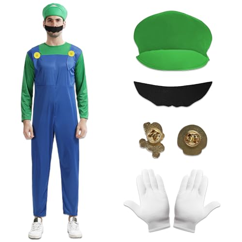 Antsparty Super Klempner Kostüm für Erwachsene, Bros Cosplay Kostüm mit Hut Bart Handschuhe, Herren Damen Klempner Kostüm Faschingskostüm für Karneval Halloween Cosplay von Antsparty