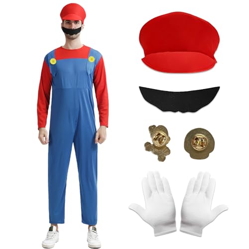 Antsparty Super Klempner Kostüm für Erwachsene, Bros Cosplay Kostüm mit Hut Bart Handschuhe, Herren Damen Klempner Kostüm Faschingskostüm für Karneval Halloween Cosplay von Antsparty