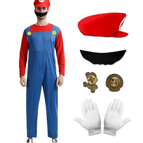 Antsparty Super Klempner Kostüm für Erwachsene, Bros Cosplay Kostüm mit Hut Bart Handschuhe, Herren Damen Klempner Kostüm Faschingskostüm für Karneval Halloween Cosplay von Antsparty