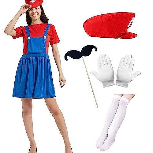 Antsparty Super Klempner Kostüm für Erwachsene, Bros Cosplay Kostüm mit Hut Bart Handschuhe, Herren Damen Klempner Kostüm Faschingskostüm für Karneval Halloween Cosplay von Antsparty