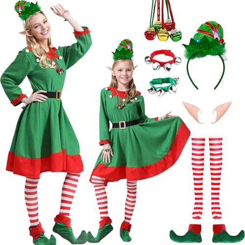 Antsparty Weihnachtself Kostüm Mädchen Damen, Weihnachten Elfenkostüm mit Elfenmütze Haarband Elfenohren Schuhe Socken Glockenarmband, Weihnachts Elfen Kostüm für Weihnachten Party von Antsparty