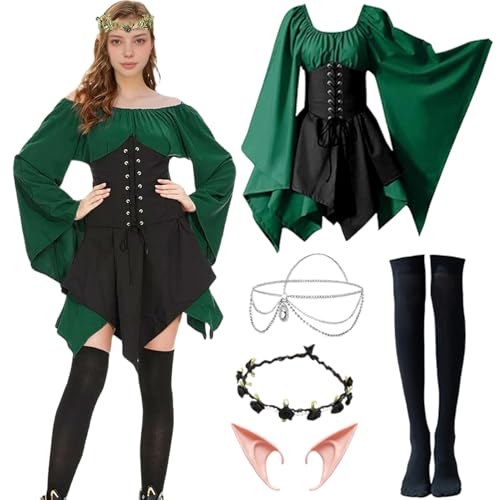 Antsparty Faschingskostüm Elfe Damen Mittelalter Kleid, Elfenkleid Elfenohren Haarschmuck Socken, Traditionelles Irisches Kleid Elfen Kostüm Damen Halloween Karneval Cosplay von Antsparty