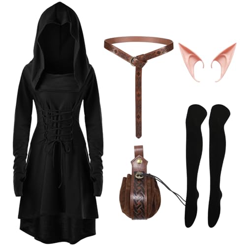 Antsparty Mittelalter Kleid Damen Gothic Kleid Damen, Halloween Robe Kapuzenkleid mit Gürtel, Halloween Kostüm von Antsparty