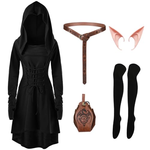 Antsparty Mittelalter Kleidung Damen, Renaissance Kostüm Set mit Gothic Kleid Gürtel Gürteltasche Elfenohren Strümpfe, Damen Mittelalter Kapuzenkleid für Halloween Karneval Cosplay von Antsparty