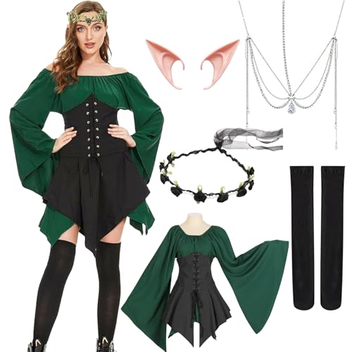 Antsparty Mittelalter Kleid Damen Elfen Kostüm mit Irisches Kleid Elfenohren Haarschmuck Socken, Traditionelles irisches Kleid Damen Halloween Karneval Kostüm Cosplay von Antsparty