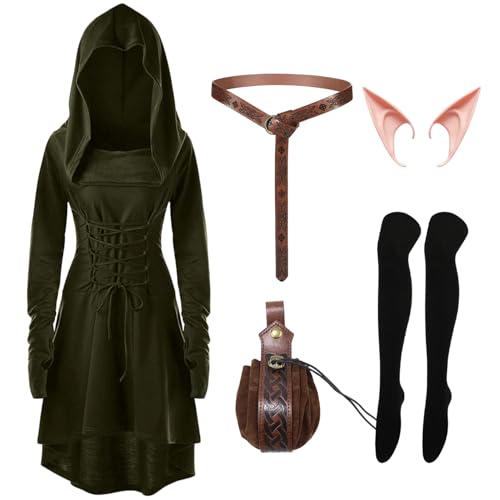 Antsparty Mittelalter Kleidung Damen, Renaissance Kostüm Set mit Gothic Kleid Gürtel Gürteltasche Elfenohren Strümpfe, Damen Mittelalter Kapuzenkleid für Halloween Karneval Cosplay von Antsparty